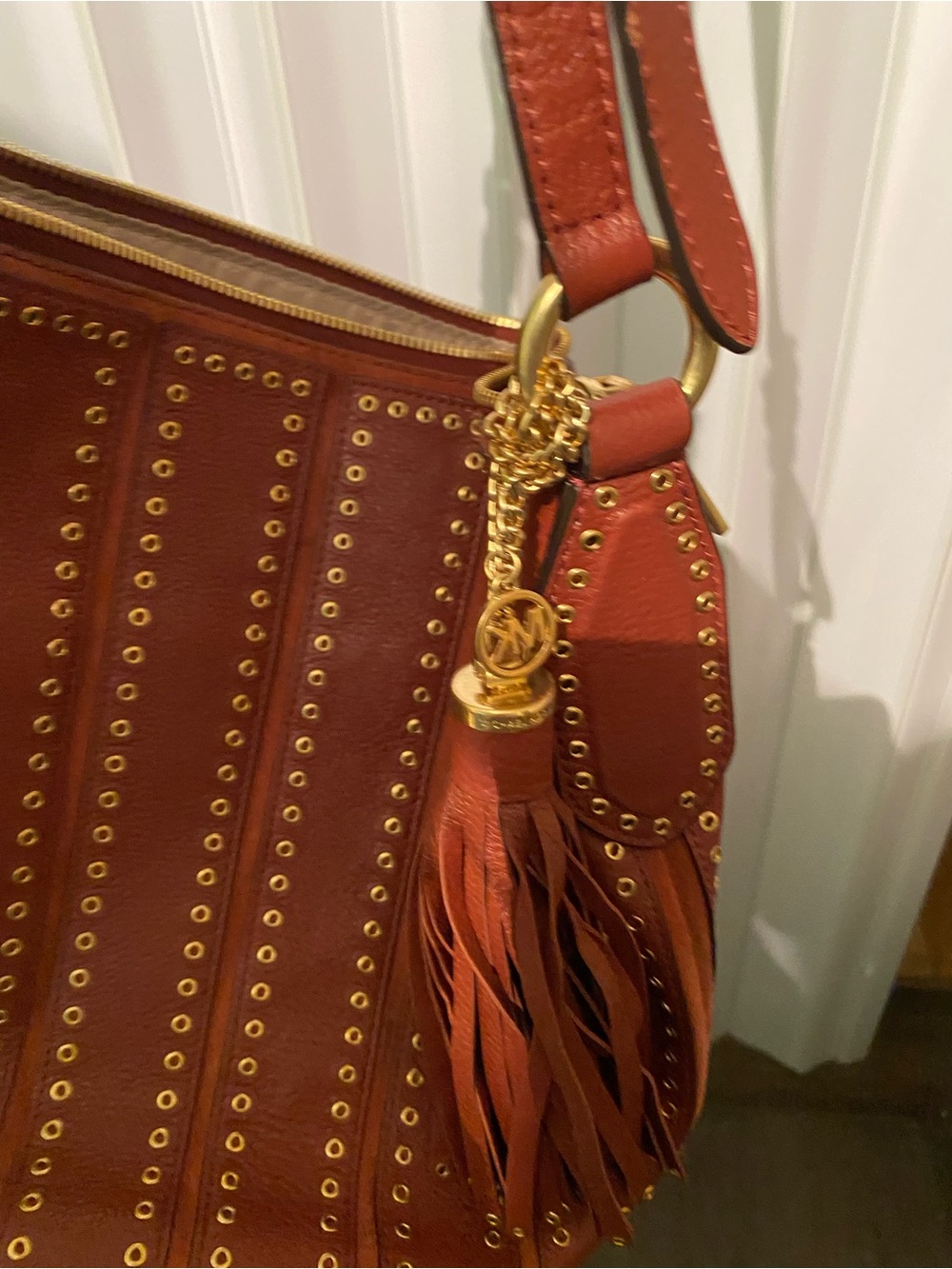 Michael Kors Burnt Orange Leather Studded Shoulder Bag with Tassel